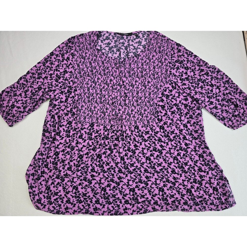 Lilla Popken Peasant Top Womens 20/22 Purple & Black Floral Print Blouse Boho